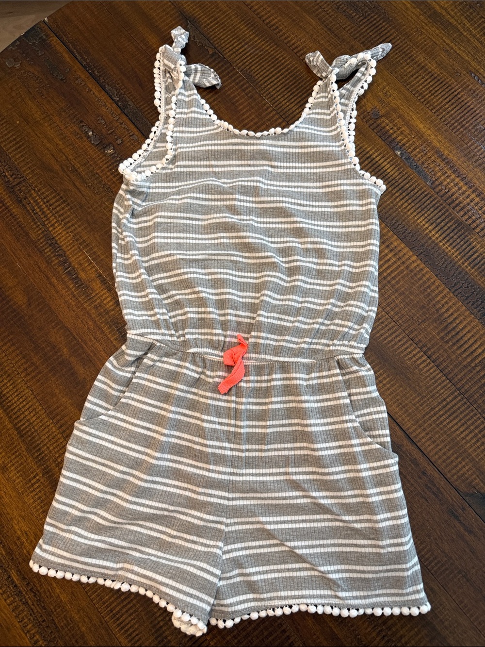 paper doll Gray and White Striped Romper with Coral Drawstring
